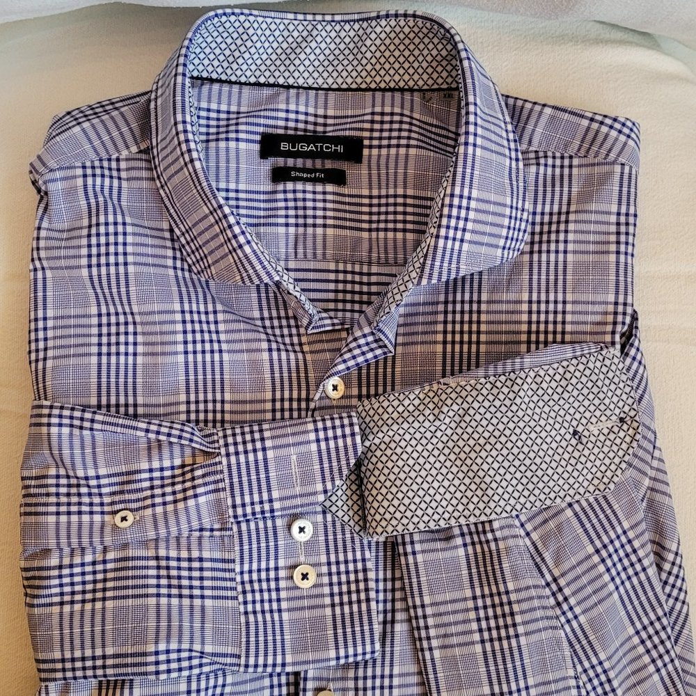 Bugatchi Shaped fit button up- Navy/White plaid pattern- Size XXL